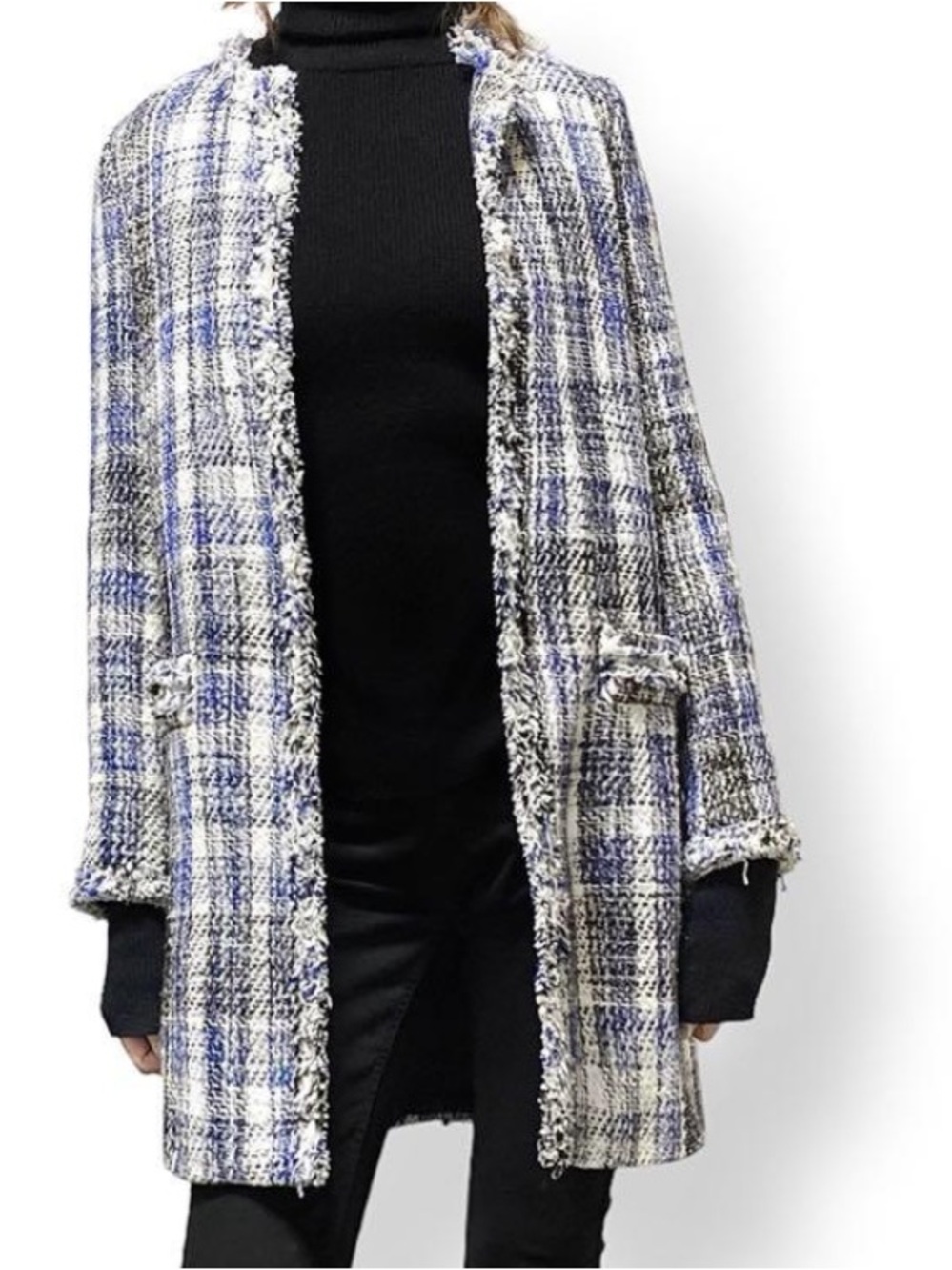 Zara Basic Coat Womens S Blue Plaid Tweed Fringe Collarless Mid Length Chic